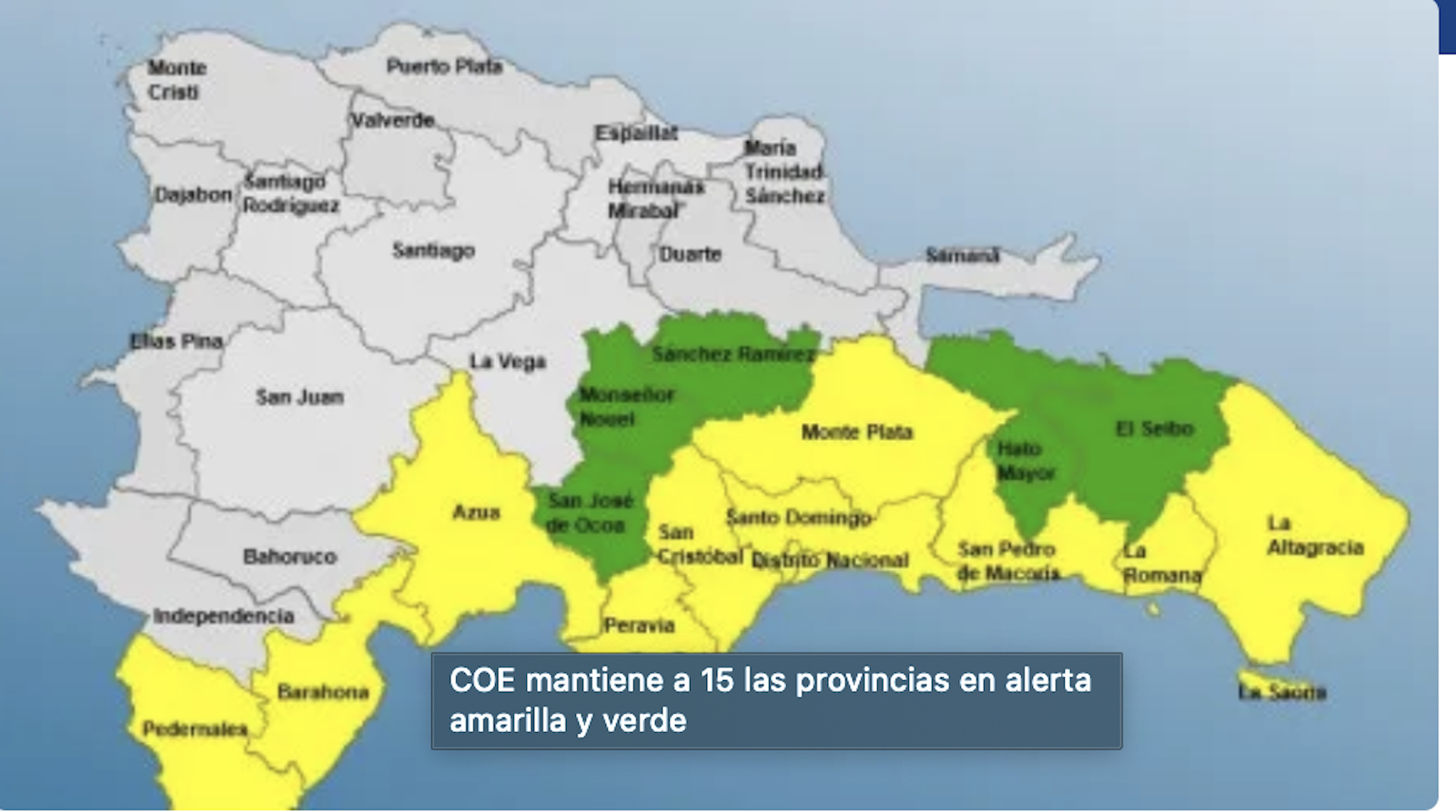 COE MANTIENE 19 PROVINCIAS EN ALERTA AMARILLA, 9 EN VERDE